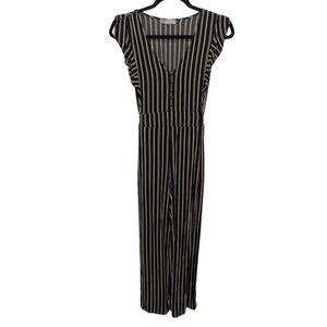 XS Striped Wide‑Leg Jumpsuit – Ruffle Sleeves, Button Front, Black & Cream